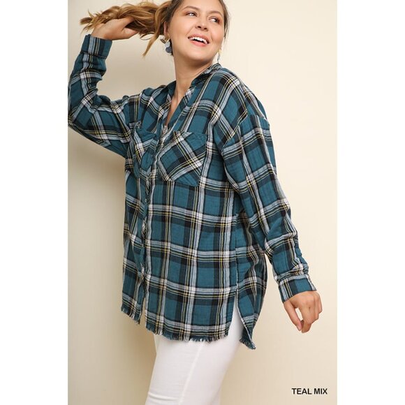 Umgee Plaid & Frayed Cotton Top, Teal - Picture 4 of 4